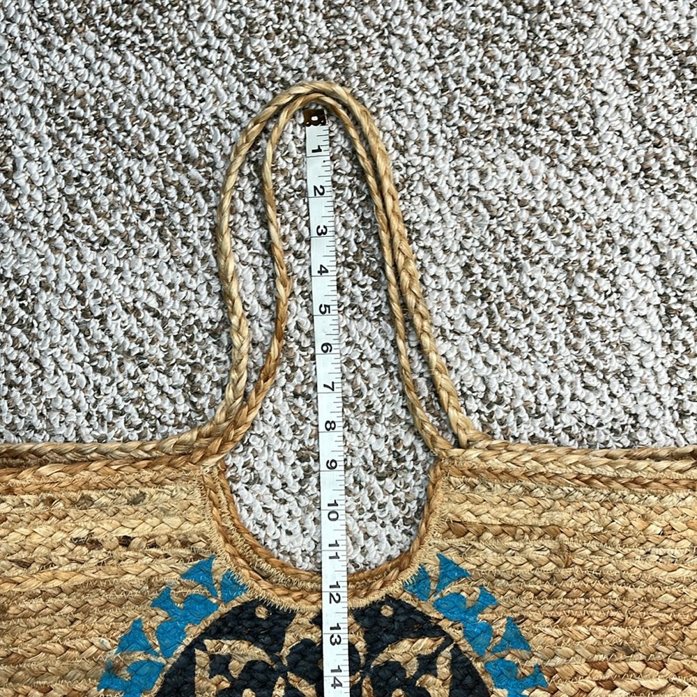 ANTIK KRAFT 100% JUTE Natural Woven Boho Large Tote Bag Blue Mandala Medallion - Picture 11 of 12